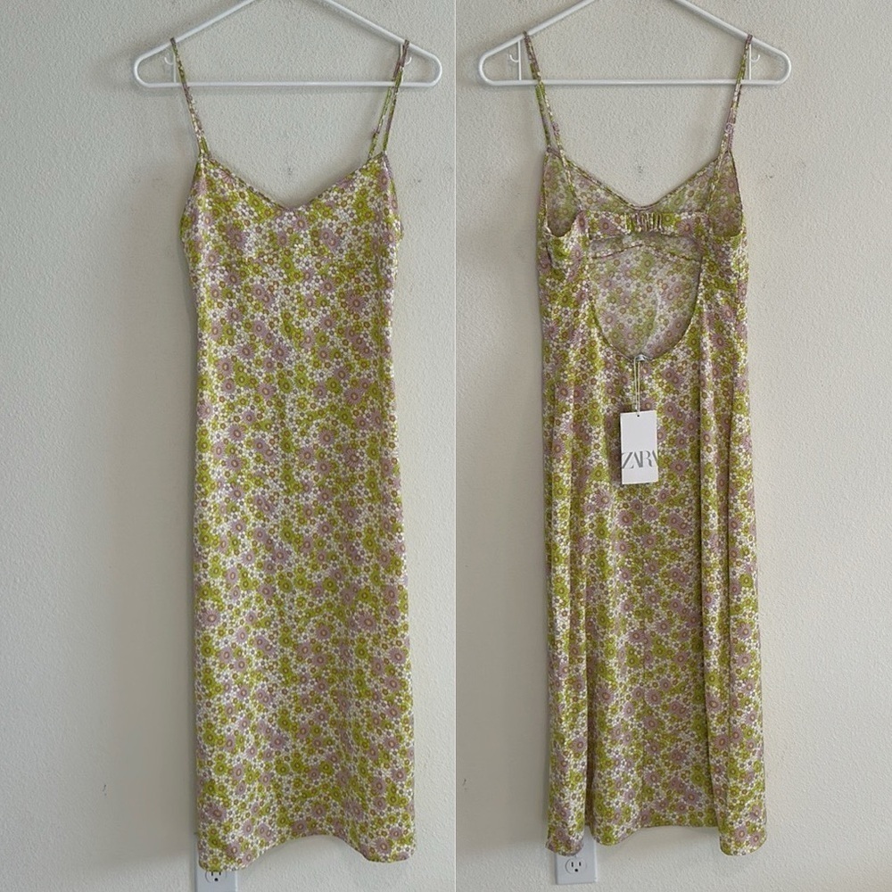 NWT Zara Floral Cut Out Back Midi Boho Slip Dress